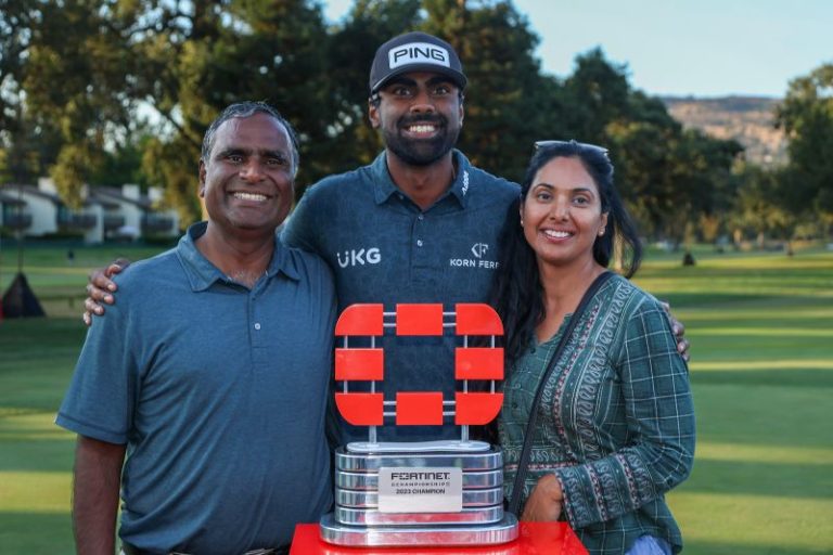 Sahith Theegala’s father roars on his son to emotional first PGA Tour title at Fortinet Championship in California